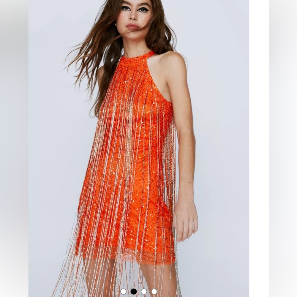 Beaded tassel fringe halter mini dress